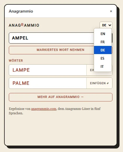 Das Sprachmenü der Seitenleiste