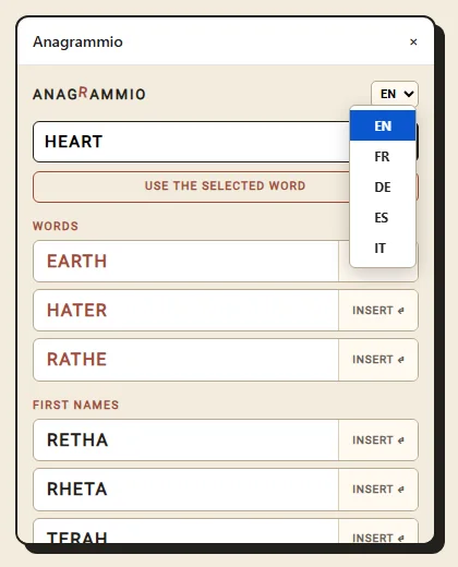 The five-language menu of the sidebar