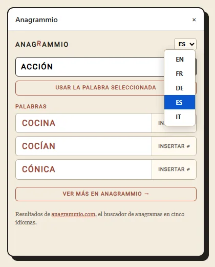 El menú de los cinco idiomas de la barra lateral