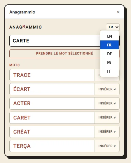 Le menu des cinq langues de la barre latérale