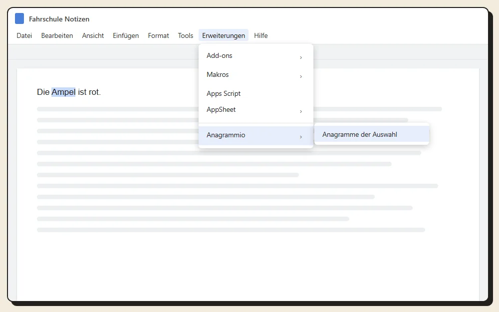 Das Menü Erweiterungen in Google Docs, Eintrag Anagrammio