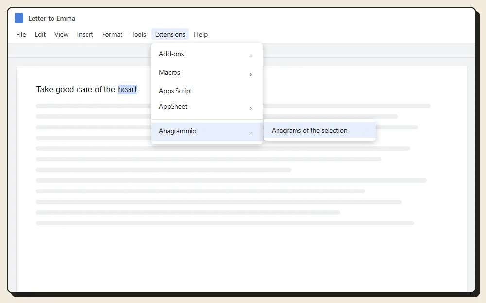 The Google Docs Extensions menu, Anagrammio entry