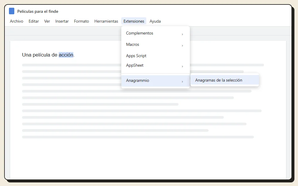 El menú Extensiones de Google Docs, entrada Anagrammio