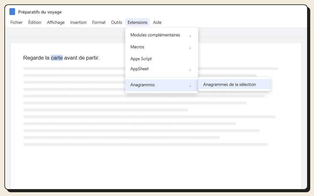 Le menu Extensions de Google Docs, entrée Anagrammio