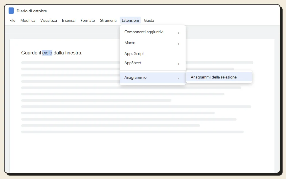 Il menu Estensioni di Google Docs, voce Anagrammio