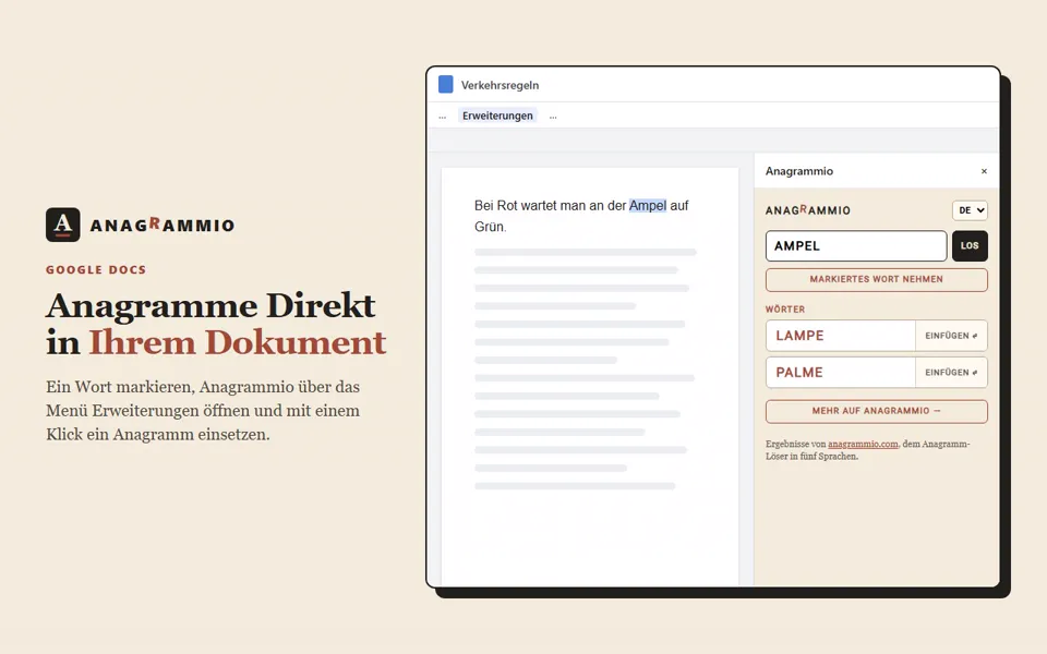 Die Anagrammio-Seitenleiste in einem Google-Docs-Dokument