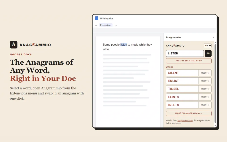 The Anagrammio sidebar in a Google Docs document