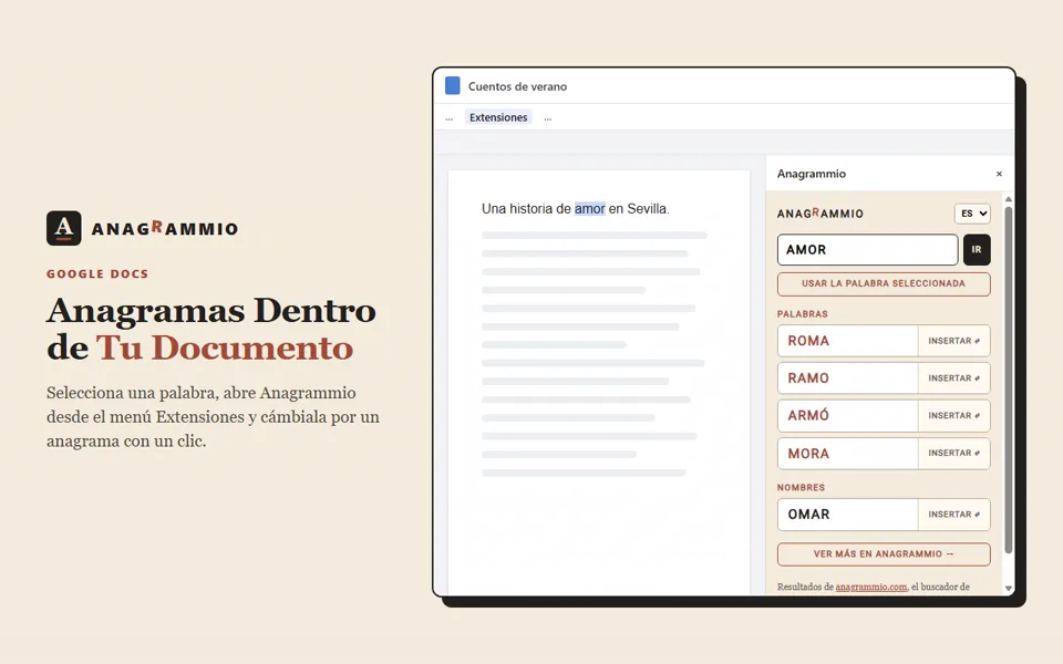 La barra lateral de Anagrammio en un documento de Google Docs