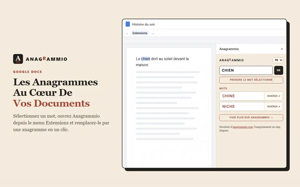 La barre latérale Anagrammio dans un document Google Docs