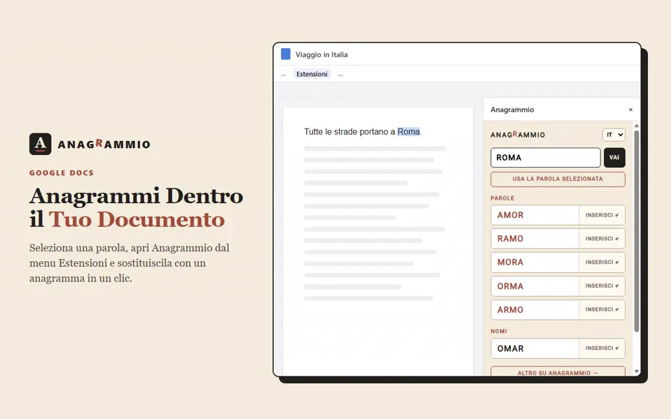 La barra laterale di Anagrammio in un documento Google Docs