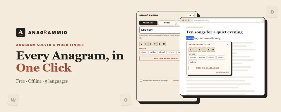 The Anagrammio anagram solver and its three tools