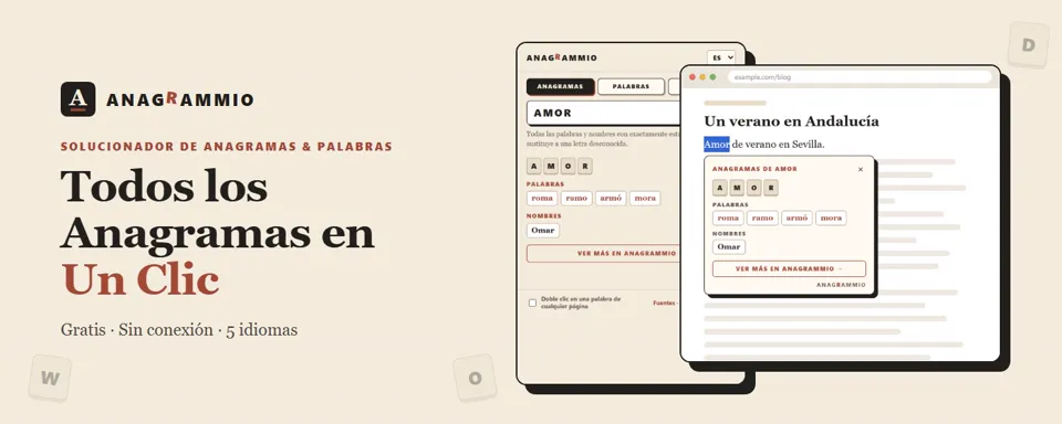 El solucionador de anagramas de Anagrammio y sus tres herramientas