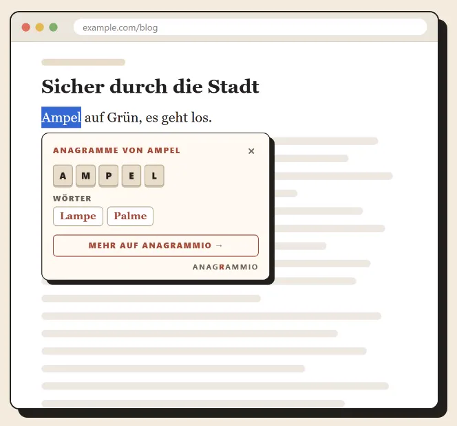 Die Anagramm-Blase öffnet sich unter dem markierten Wort
