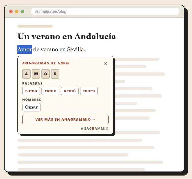 La burbuja de anagramas se abre bajo la palabra seleccionada