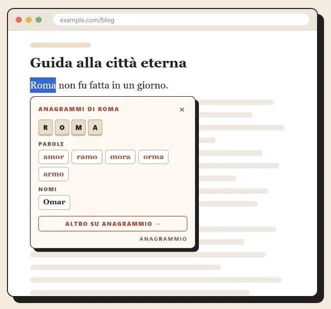 La bolla degli anagrammi si apre sotto la parola selezionata