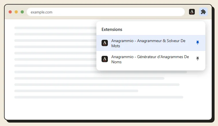 Le menu des extensions, avec l'épingle d'Anagrammio