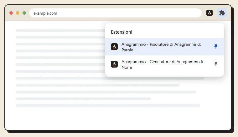 Il menu delle estensioni, con la puntina di Anagrammio