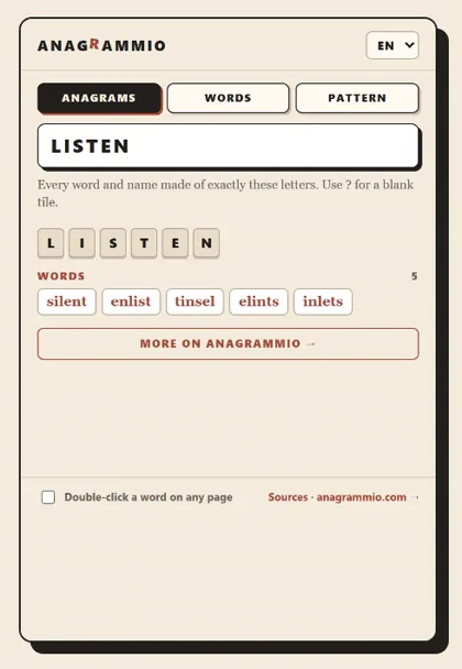 The anagram solver and its three tabs