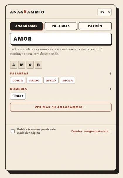 El solucionador de anagramas y sus tres pestañas