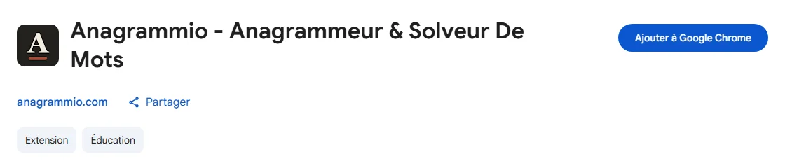 La fiche Anagrammio sur le Chrome Web Store